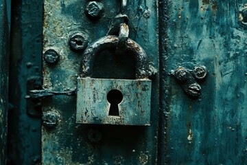 Rusty padlock on an old door with weathered blue paint and a mysterious keyhole detail