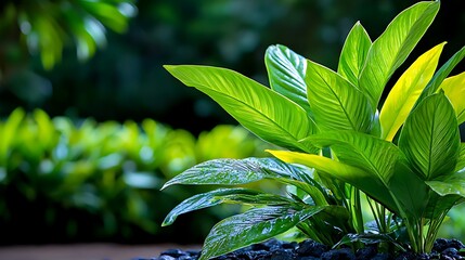 Lush green foliage with vibrant leaves illuminated by sunlight, set against a blurred natural backdrop.