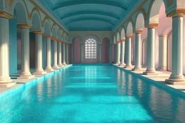 Luxurious indoor pool surrounded by columns and vibrant decor in an elegant architectural space