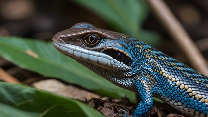 Naklejka premium Nature’s Art: Close-Up of the Blue-Tailed Skink’s Brilliant Tail and Shimmering Scales