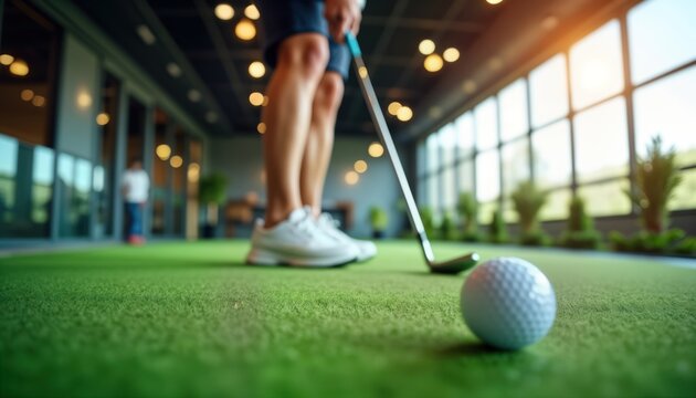 Person plays golf in modern indoor mini putting green. Person focuses on precise shot. Modern facility with good lighting. Person wears sports attire. Indoor recreational activity. Focus on - Powered by Adobe