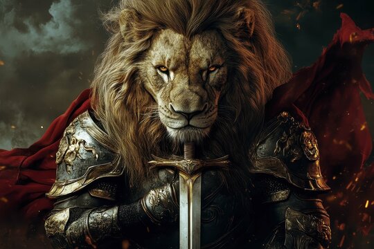 Majestic lion warrior stands with sword against fiery backdrop in a powerful fantasy setting