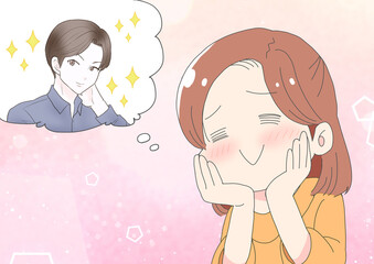 頬杖をついて妄想する女性