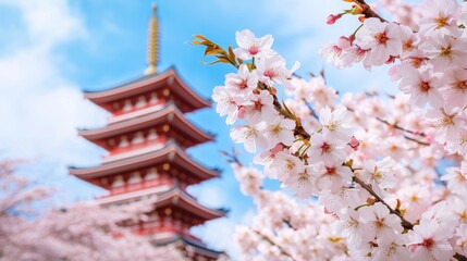 Cherry blossom festival celebrating spring at pagoda temple in japan nature photography vibrant atmosphere