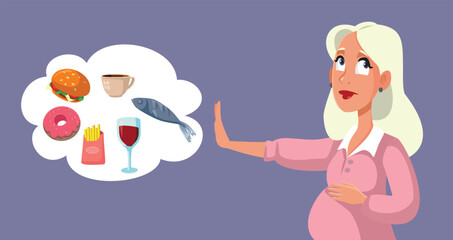 Pregnant Woman Refusing Risky Food in Pregnancy Vector Illustration. Mother to maintain a proper nutrition during pregnancy 
