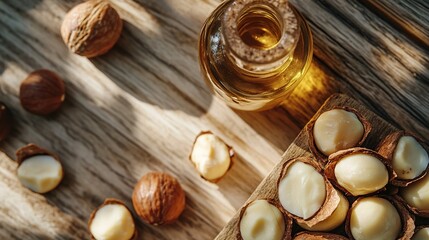 Top view of candlenut oil with whole candlenut seeds on a wooden table