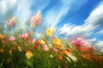 Obraz premium Dynamic motion blur captures colorful wildflowers under a vivid blue sky, creating an abstract, energetic scene.