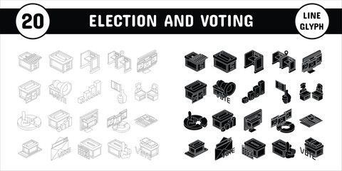 Election and Voting Line Glyph Vector Illustration Icon Sticker Set Design Materials