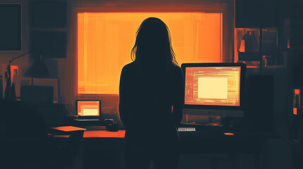 Fototapeta premium オレンジ色の部屋で夜遅くまで働く女性のシルエット、コンピューターデスクの前