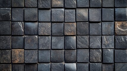 Close-up of a textured black slate tile wall, showcasing natural stone patterns ideal for interior design and architectural projects.
