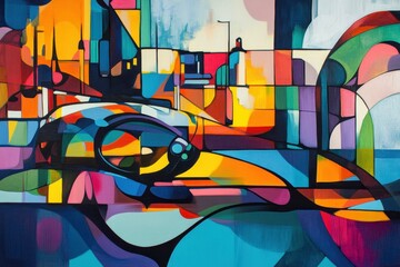 Fototapeta premium Vibrant abstract landscape showcasing colorful geometric shapes and urban elements in a modern art style