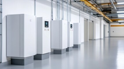 Modern Industrial Space with White Cabinets and Clean Aisle in Contemporary Storage Facility