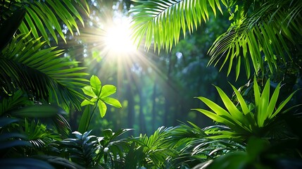 Lush green tropical rainforest with sunlight streaming through leaves.