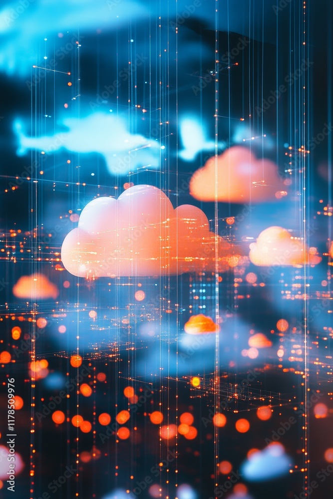 Poster explore an abstract digital representation of clouds and data streams, featuring vibrant glowing ele