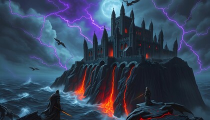 The Obsidian Fortress: A Lava-Clad Citadel Under Stormy Skies