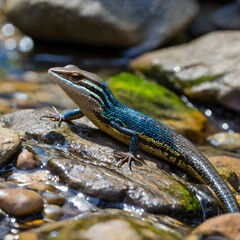 Blue Tailed Skink Sunning on a Warm Rock by a Peaceful Stream