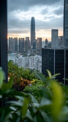 Fototapeta premium Stunning Urban Skyline Dusk View with Modern Architecture Greenery