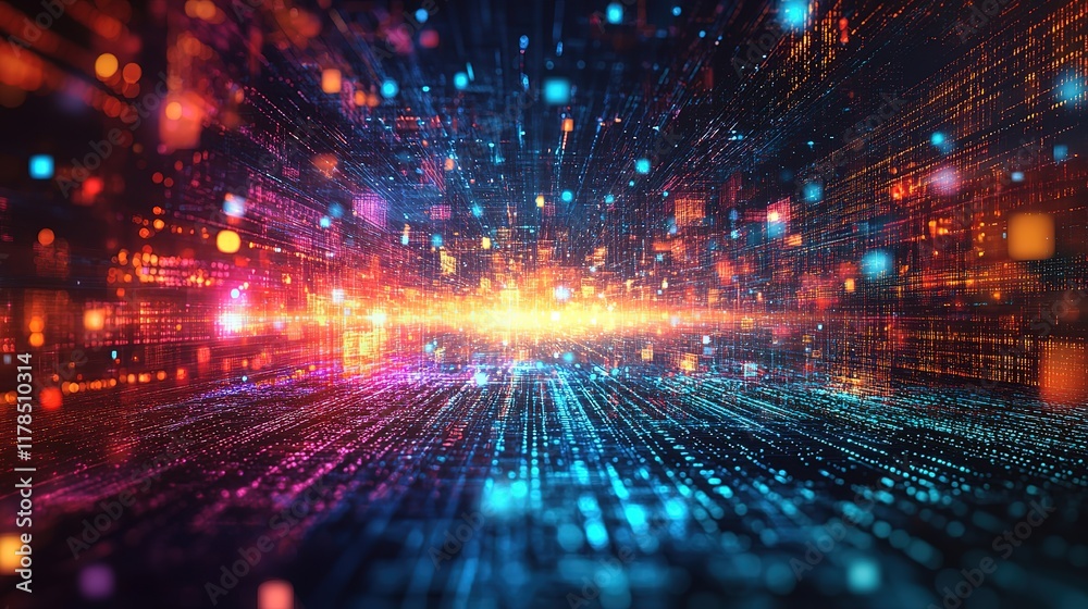 Poster an abstract technology background featuring a vibrant array of colored optical fibers, creating a vi