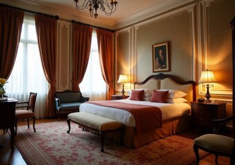 Elegant bedroom interior with rich fabrics and classic decorations in luxury hotel