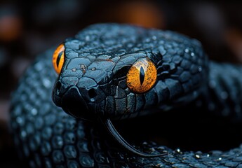 Fototapeta premium Captivating Close-Up of a Black Snake with Striking Orange Eyes, Showcasing Textured Scales and Intricate Details in a Natural Environment