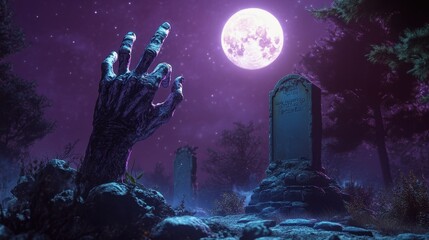 Naklejka premium Eerie Zombie Hand Rising from Grave in Spooky Moonlit Cemetery