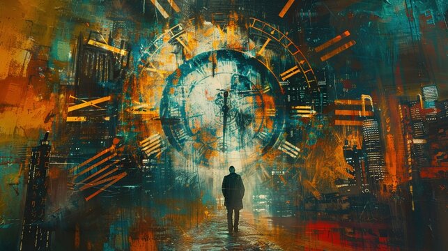 Delve into a riveting design featuring a birds-eye view of time-travel effects on history and identities Highlight ethical dilemmas in a visually engaging and thought-provoking composition