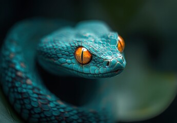 Fototapeta premium Captivating Close-Up of a Vibrant Green Snake with Striking Orange Eyes Resting on Lush Green Foliage in a Natural Environment