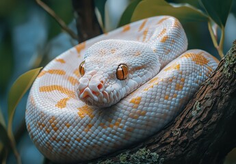 Obraz premium Captivating Close-Up of an Albino Python Coiled on a Branch Surrounded by Lush Green Foliage in a Serene Natural Habitat