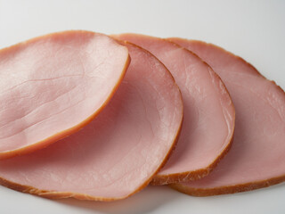 thinly sliced smoked ham stacked neatly on a white background. High-detail and minimalist composition, ideal for food industry, cooking, or recipe-related projects.