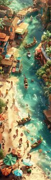 Design a breathtaking aerial view of a bustling open-air market in a charming coastal town