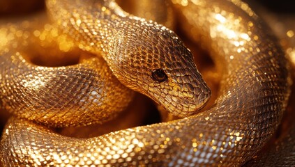 Fototapeta premium Captivating Golden Snake Close-Up Highlighting Stunning Scales, Intricate Patterns, and Iridescent Sheen Creating a Luxurious and Mesmerizing Visual Experience