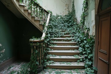 Overgrown staircase in an abandoned building reveals nature reclaiming space