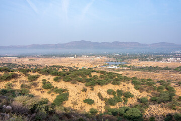 Pushkar, Rajasthan, India - 28 Jan 2024: Arial view of Pushkar city from the top of the hill