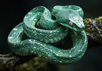 Obraz premium Captivating Green Tree Snake Coiled on a Branch, Showcasing Intricate Scales and Vibrant Coloration in a Lush Natural Habitat Setting