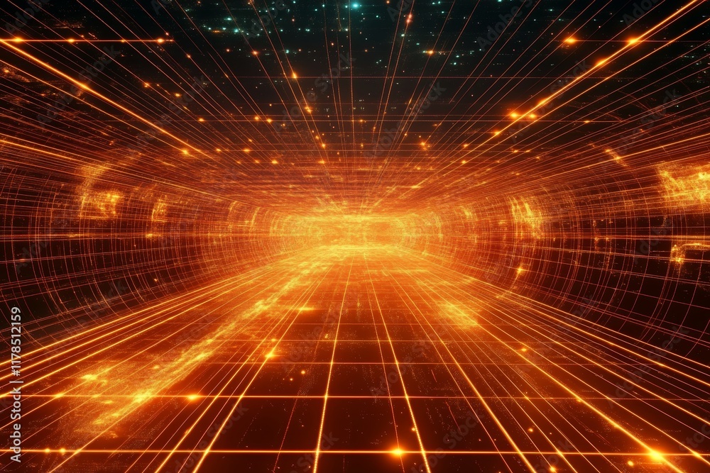 Poster a captivating digital tunnel featuring glowing orange lines and particles, creating a sense of motio