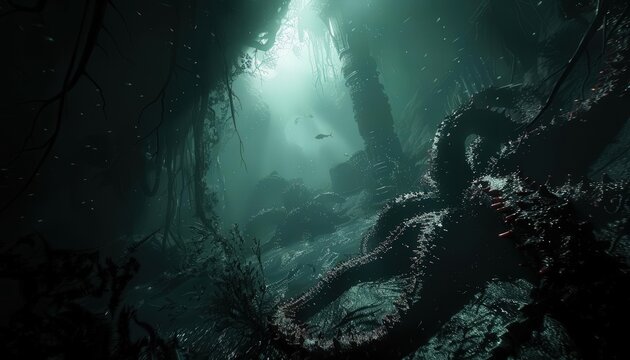 Dive into a chilling world of underwater horror! A tilted angle view reveals monstrous sea creatures lurking in the shadows