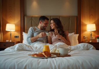Romantic breakfast in bed for a couple enjoying each other's company at a cozy hotel