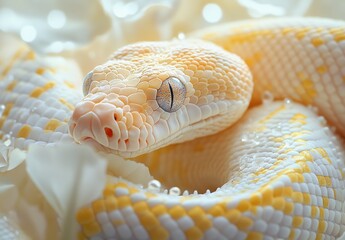 Fototapeta premium Close-Up of a Beautiful Albino Python Coiled on Soft White Fabric with Glossy Details and Elegant Curves Highlighting Its Unique Texture and Coloration