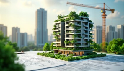Eco friendly building design. Architects, engineers work on blueprints for green building practices. Model of modern apartment building with green rooftop garden. Sustainable construction. Urban