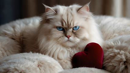 Fototapeta premium White Persian Cat with Blue Eyes Holding a Red Heart-Shaped Pillow