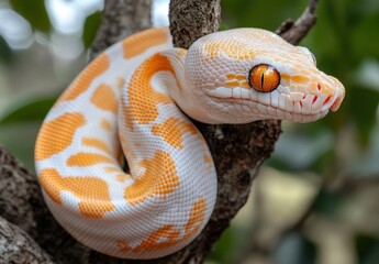 Fototapeta premium Close-Up of a Beautiful Albino Python with Distinctive Orange and White Patterns Resting on a Branch Surrounded by Green Foliage in a Natural Habitat