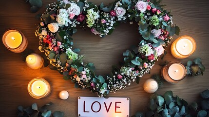 A heart-shaped floral arrangement symbolizing love.