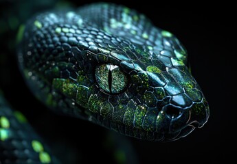 Fototapeta premium Close-Up of a Beautiful Green Snake with Shimmering Scales and Distinctive Eye Captured in Dramatic Lighting Against a Dark Background