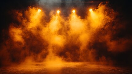 Empty yellow scene with stage spotlights warm colored light and smoke effects
