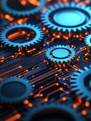 A close-up of interconnected gears on a circuit board, featuring vibrant blue and orange colors, symbolizing technology and innovation.