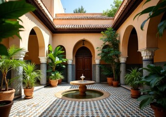 Fototapeta premium Elegant courtyard with fountain and lush greenery in a traditional Moroccan setting