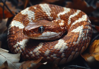 Obraz premium Close-up of a Beautifully Patterned Snake with Rich Brown and White Scales Resting Among Autumn Leaves in a Natural Habitat Setting