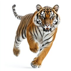 Obraz premium A majestic tiger running towards the viewer, showcasing its powerful physique and striking fur.