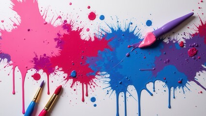 Vibrant pink and blue hues dance across a pristine canvas, as luxurious lipsticks with gold-plated tips add a touch of glamour to the splattered beauty scene