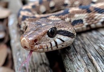 Fototapeta premium Close-up of a Brown and Black Snake with Intricate Patterns and Flicking Tongue Resting on Wooden Surface in a Natural Environment